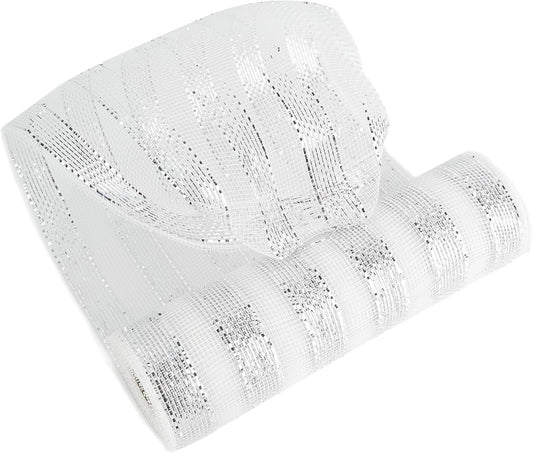 MEEDEE Silver Mesh Ribbon 10 Inch Deluxe Wide Foil Metallic Striped Deco Mesh Decorative Mesh Christmas Mesh Ribbon for Wreaths, Christmas Tree, Garland, Gift Wrapping, Bows Making (30 Feet)