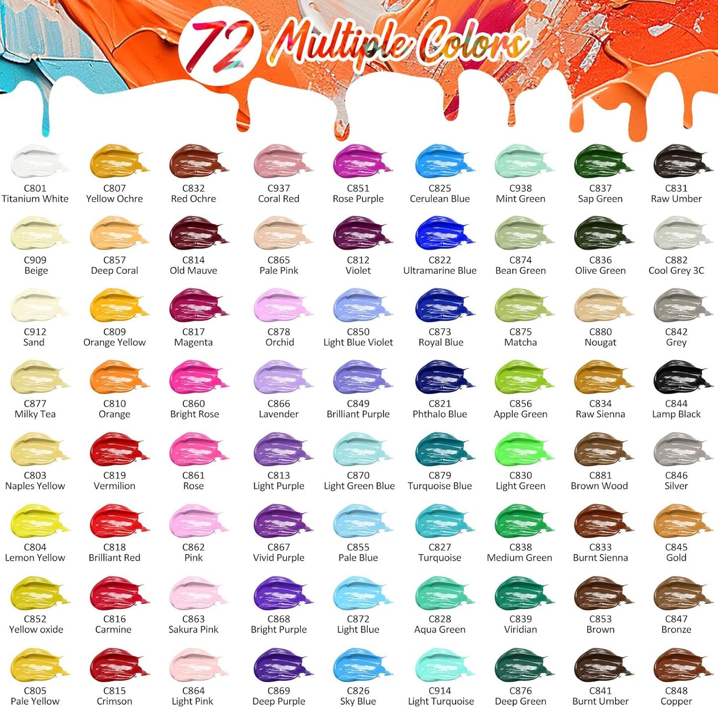 Caliart Acrylic Paint Set with 12 Brushes, 72 Colors (59ml, 2oz) Art Craft Paints Gifts for Artists Adults Beginners Painters, Halloween Pumpkin Canvas Ceramic Rock Painting Kit Art Supplies