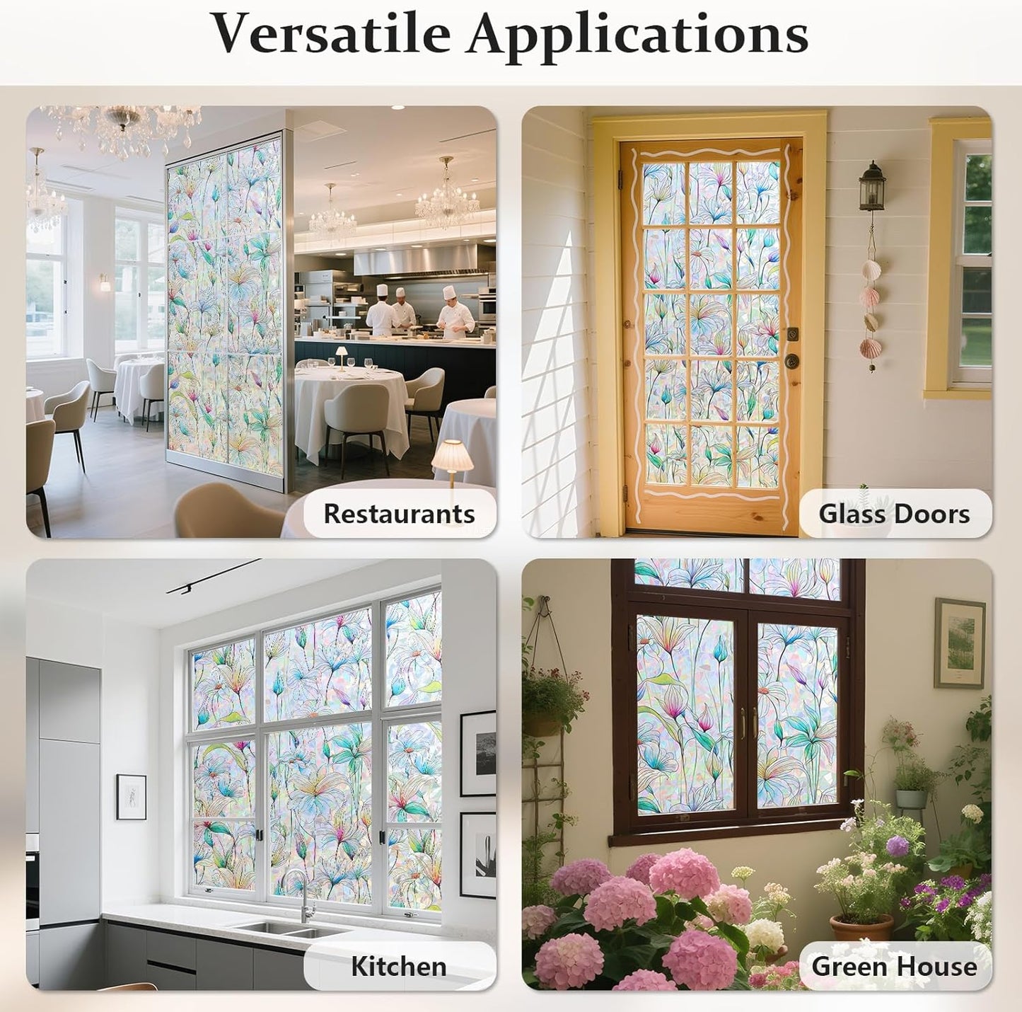 Donox Decorative Window Privacy Film, 3D Floral Stained Glass Window Film Static Cling Rainbow Privacy Sticker for Glass Door Heat Control Anti UV, No Adhesive (Magnolia,35.4 x 78.7 inches)