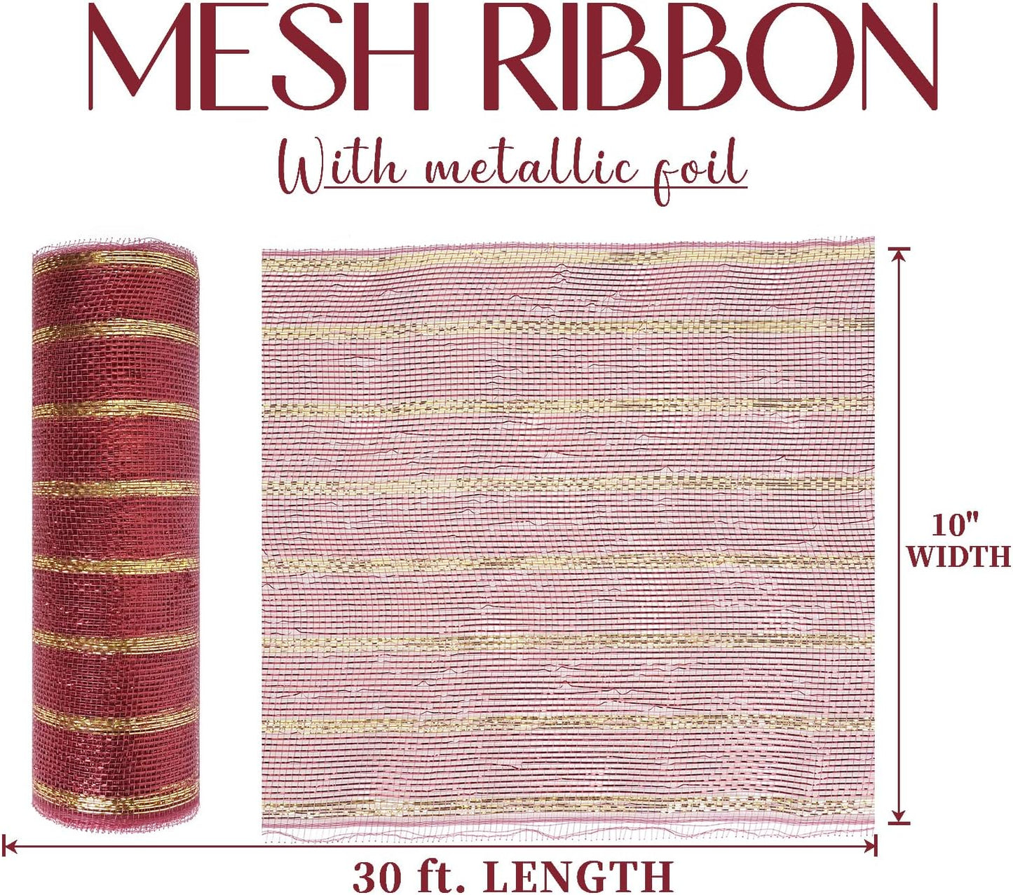 MEEDEE Burgundy and Gold Deco Mesh 10 Inch Metallic Striped Deco Mesh Christmas Mesh Ribbon for Christmas Tree, Wreaths, Garland, Gift Wrapping, Bows Making (30 Feet)
