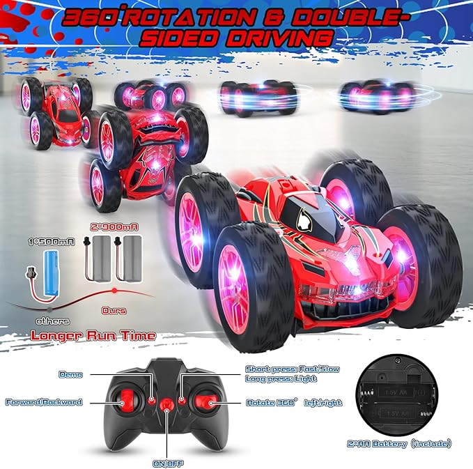 Remote Control Car for Kids, RC Stunt Cars Toys for Boys Ages 4-7 with Cool Double-Sided Pattern and LED Flash, 1:24 Vehicle Toy Car Hobby Racing Car Toys Gift for 3 4 5 6 7 8 9 Year Old Boys