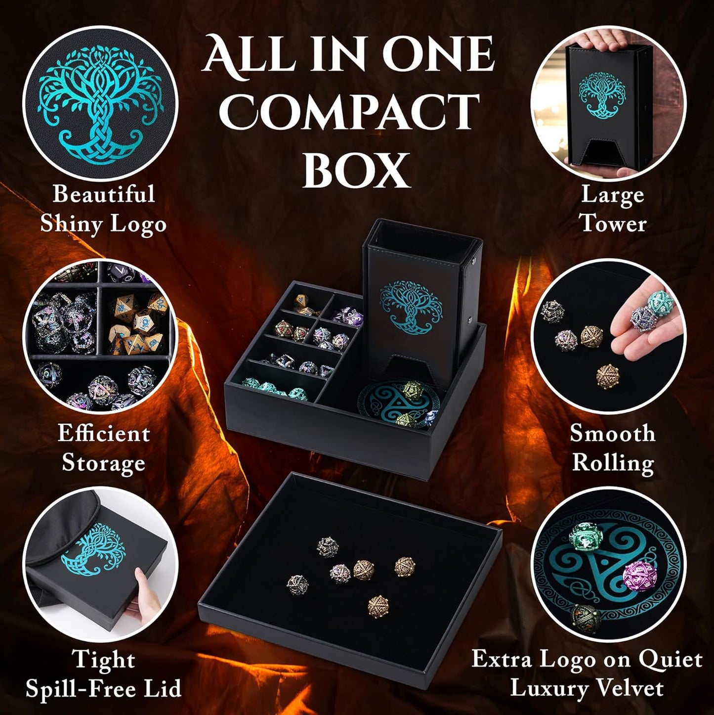Dice Tray and Dice Tower for DND and RPG - All-in-One Game Roamer Tray & Large Tower for Random Rolls - Stores Your Sets, Mini's and More Compatible with D&D (Blue Tree)