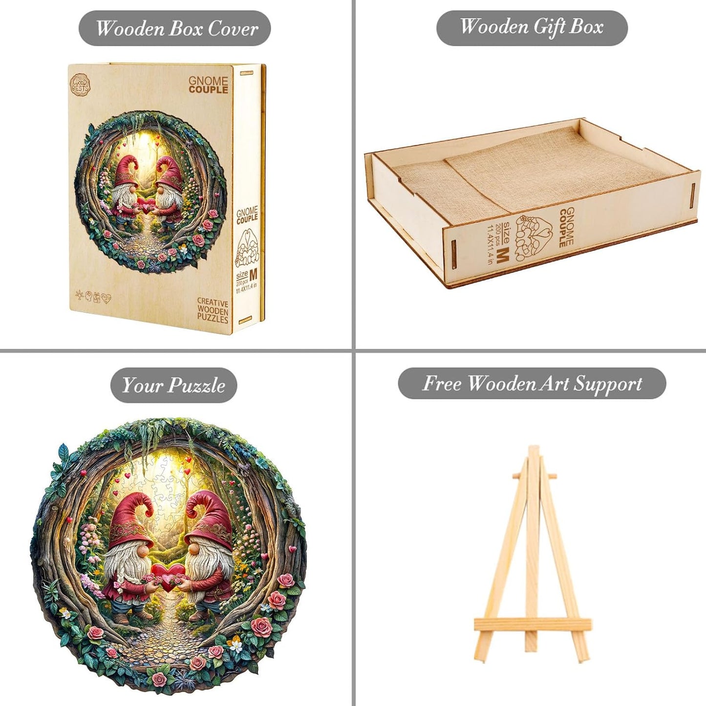 KAAYEE Wooden Puzzles for Adults, 3D Visual Effect Gnome Couple Wooden Jigsaw Puzzle Unique Shape Wood Puzzle Adult, 3D Effect Flat Puzzle Birthday Family Games (M-11.4 * 11.3in-200pcs)