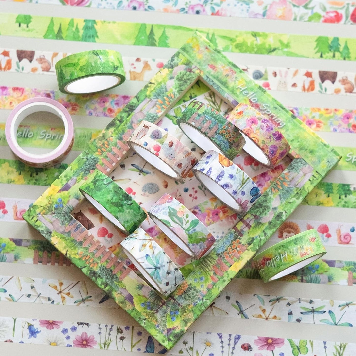 YUBBAEX 10 Rolls Four Seasons Washi Tape Set Green Grass Flowers Masking Decorative Tapes (Spring)