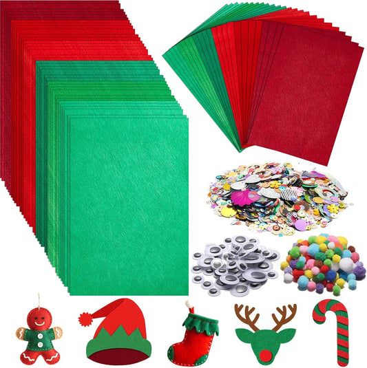 gisgfim 42Pcs Red and Green Gradient Felt Fabric Sheets 8 x 12 Inch Soft Thick Christmas Xmas Felt Pack with Wiggle Google Eye Pom Pom Glitter Patchwork Craft for DIY Sewing Creative Art Project Decor