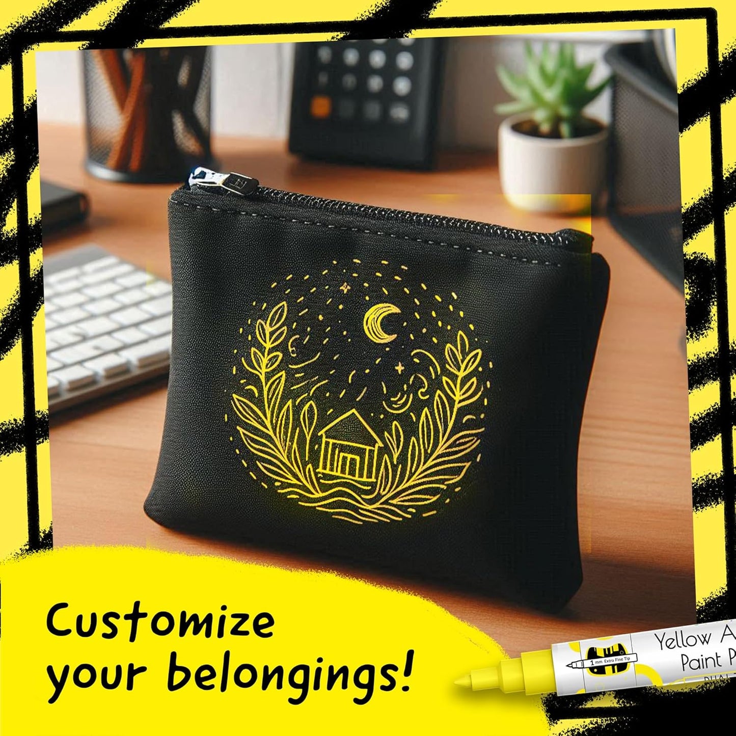 4 Dual Tip Yellow Paint Pen Metallic - Fine Tip & Medium Acrylic Paint Markers - Yellow Marker for Metal, Wood, Rock Painting, Canvas, Ceramic, Glass, Fabric, Leaf and Plastic - Water-based Ink