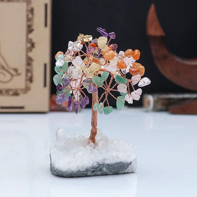 7 Chakra Crystal Tree of Life with White Aura Base Crystal Room & Home Decor, Cute Home Birthday Gifts for Men & Crystals and Healing Stones for Women Mom Gemstone Tree for Shelf & Bedroom Decor