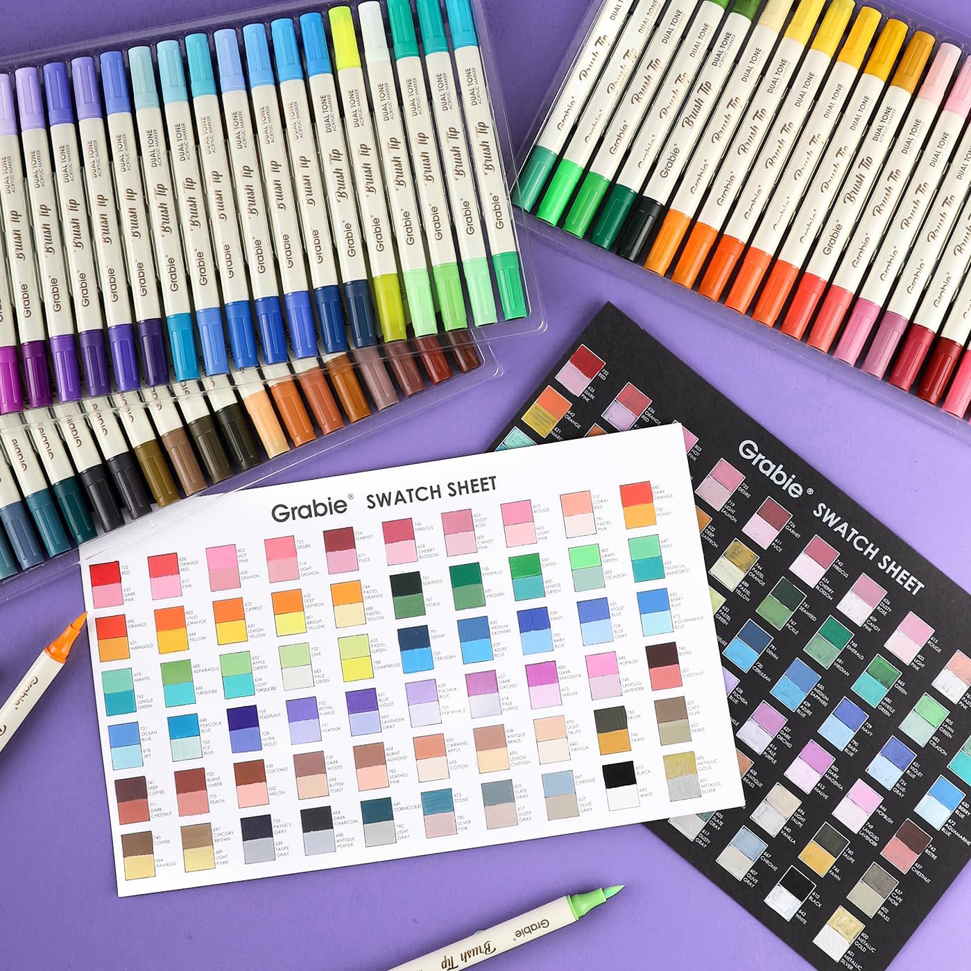 Grabie 120 Colors Dual Tone Brush Tip Acrylic Markers, Dual-Color Paint Markers with 60 Brush Tips, Double Tipped Acrylic Paint Pens for Fabric, Canvas,DIY, Canvas Art Supplies, Set of 60