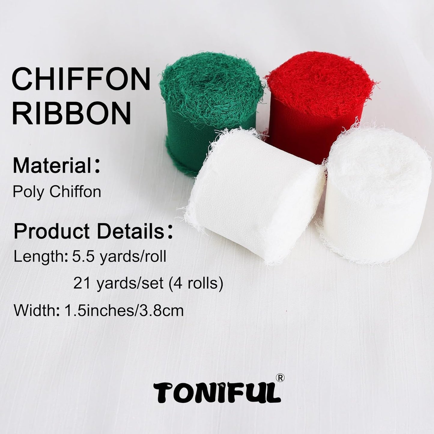 TONIFUL 4 Rolls Silk Chiffon Ribbon 1-1/2 Inch x 22 Yards, Red Green White Handmade Fringe Silk Ribbon for Gift Wrapping Flowral Bouquets Crafts Halloween Christmas Wreath Tree and Party Decoration