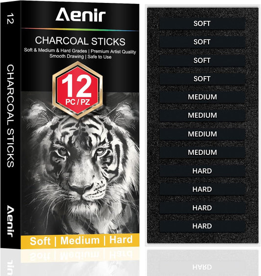 Compressed Charcoal Sticks Set of 12 – Soft, Medium, Hard Charcoal for Drawing, Sketching & Shading – Art Supplies for Artists, Beginners & Adults
