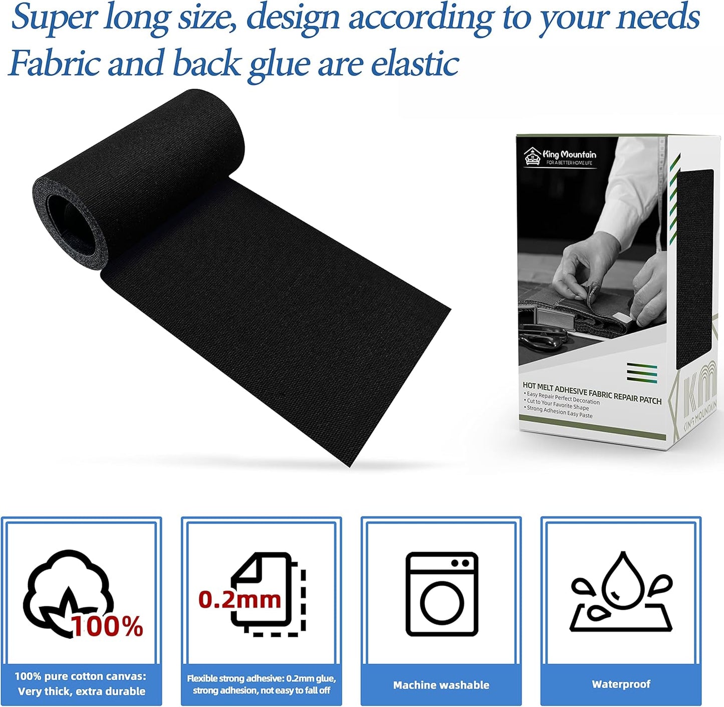 KING MOUNTAIN Canvas Iron on Patch,3"×60",Waterproof 100% Cotton Fabric Repair Patch,Used for Various Sofa,Tent,Clothes,Seats,Suitcases (Black,Waterproof)