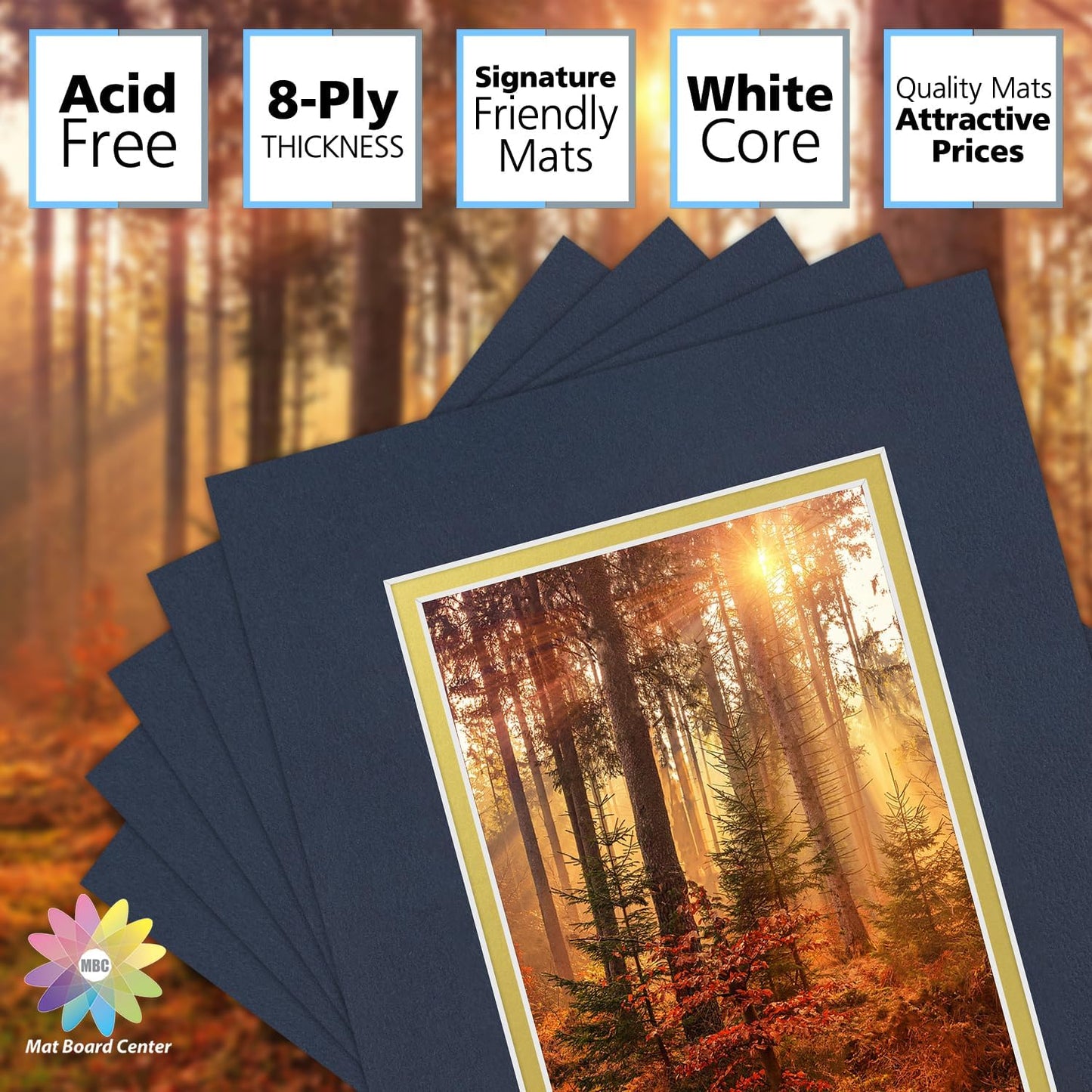 Mat Board Center, Double Mat - Acid Free, 8-ply Thickness, White Core - for Pictures, Photos, Framing (Blue Over Gold, 8x10 for 5x7, Pack of 5)