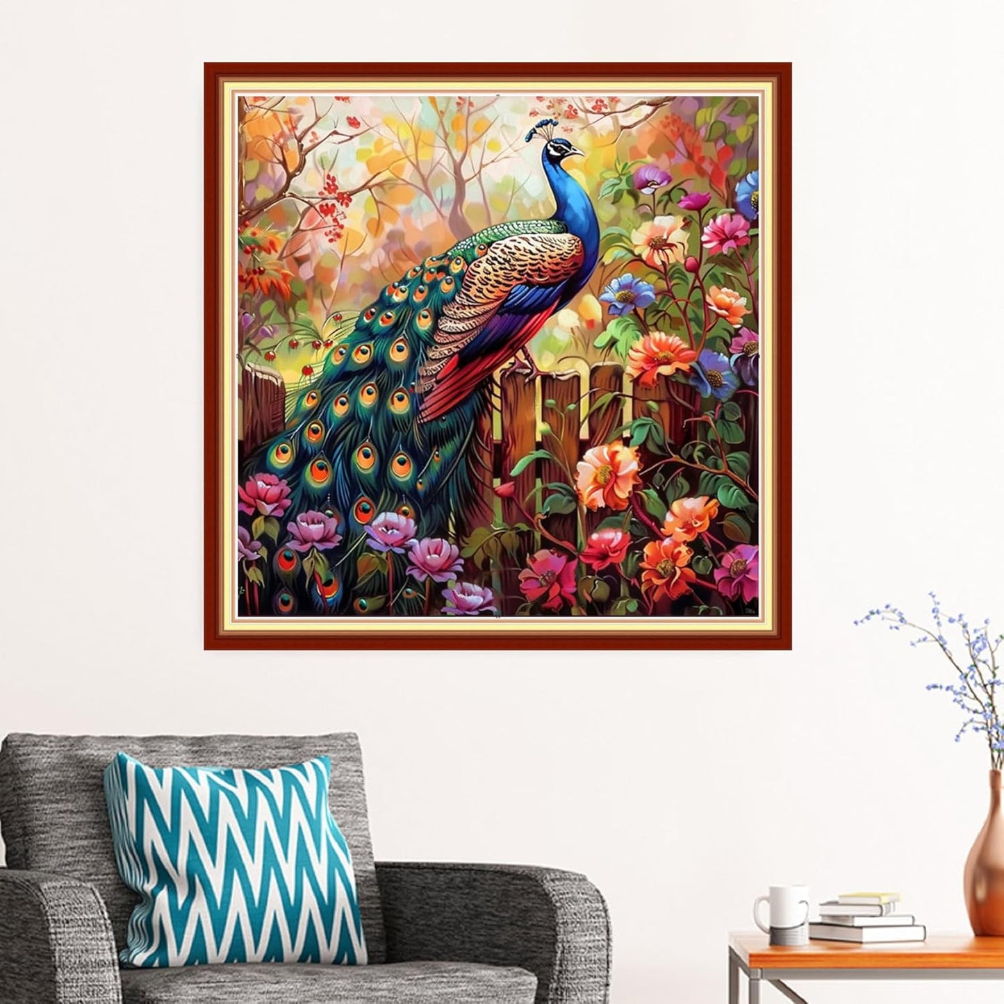 Stamped Cross Stitch Kits - Beach Night Landscape Counted Cross Stitch Kits for Beginners Adults Needlepoint Cross-Stitch Patterns-Peacock Flower 18x18 inchs