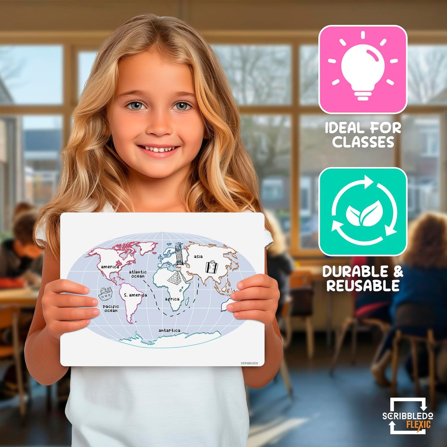 SCRIBBLEDO Continent Practice Sheets 9”x12” Map of The Seven Continents Dry Erase World Globe Sheets Homeschool Supplies Learning Map Teacher Students Classroom Pack of 10 Sheets