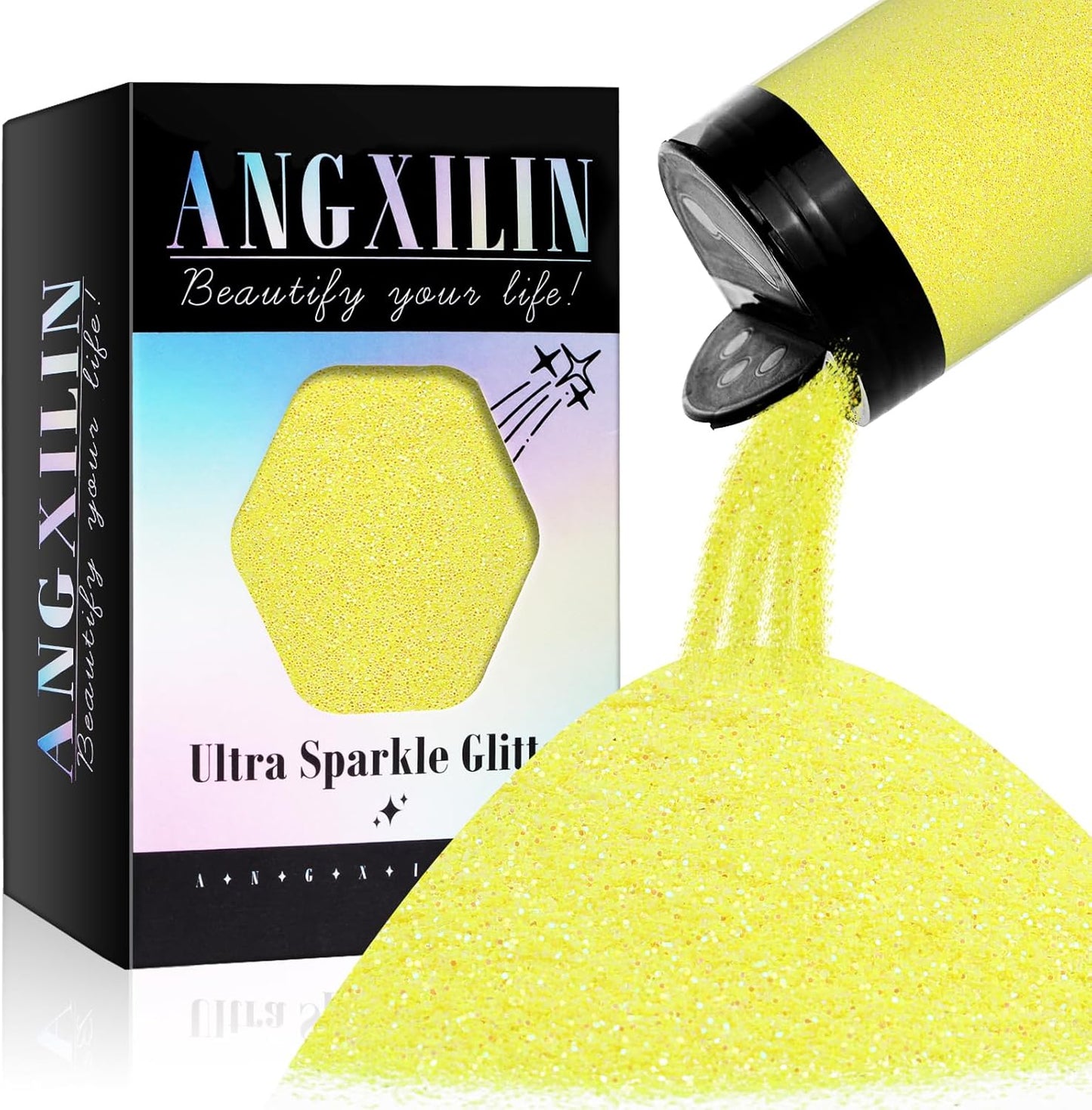 High Capacity 260g Iridescent Fine Glitter,Shaker Bottle Fine Glitter for Epoxy Resin DIY Craft,Rainbow Fine Glitter for Nail Art Face Body Glitter Tumbler Making (IRI Yellow)
