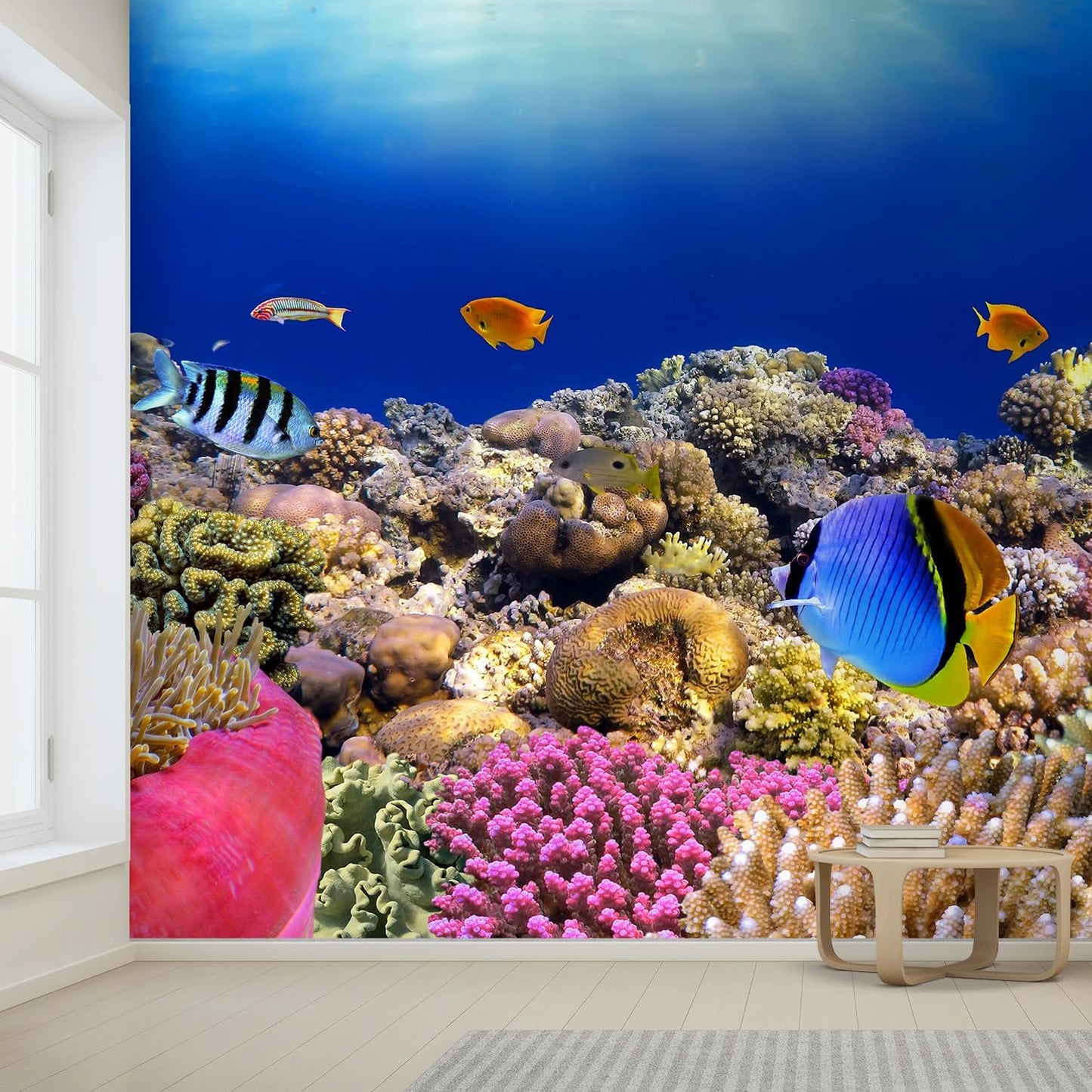 wall26 Wall Sticker/Wall Mural Tropical Blue Fish Coral Reef Ocean Seascape Nature Wilderness, Not Peel and Stick, Non-Woven Wallpaper Decorative for Bedroom, Living Room, Office - 108x120 inches