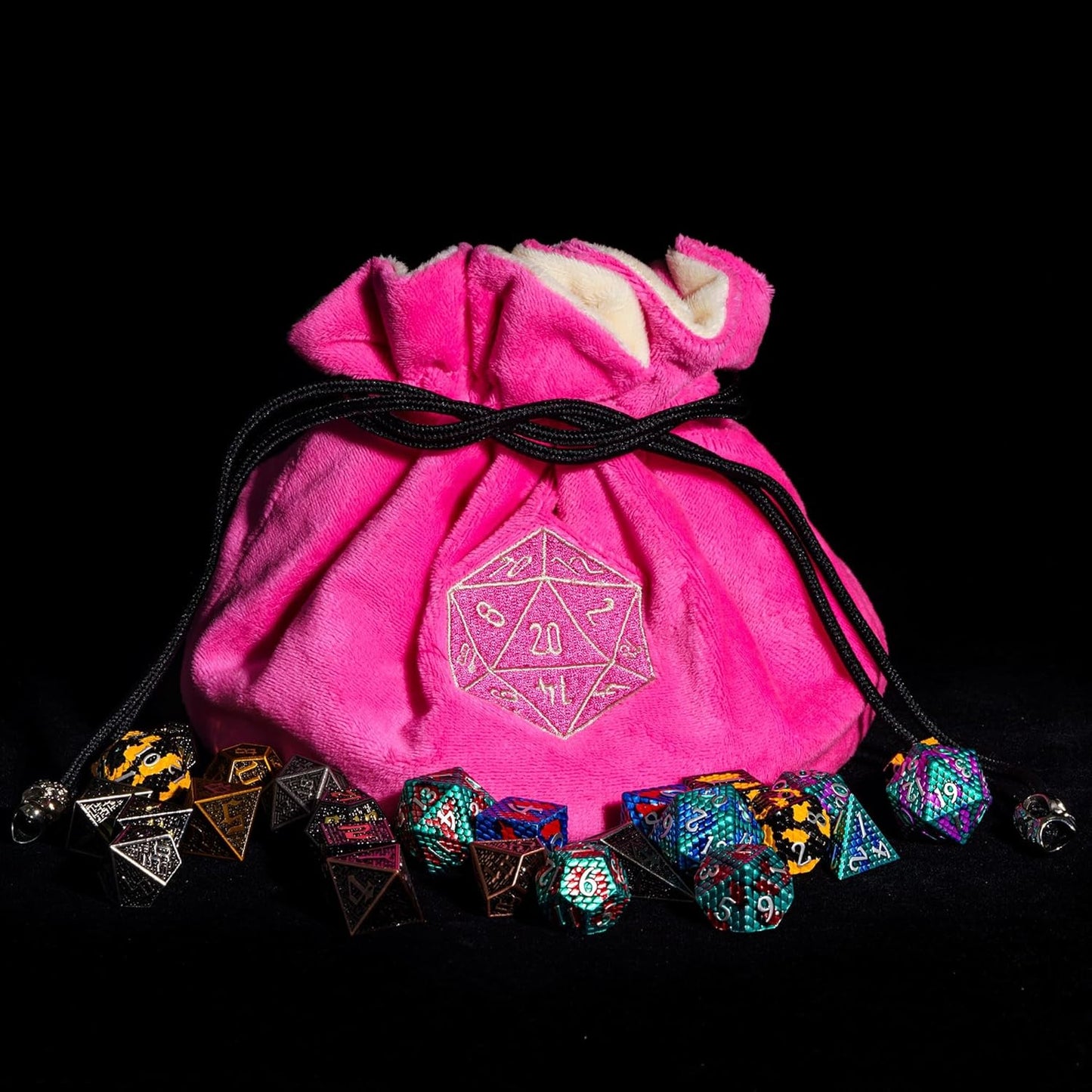 DND Dice Bags Large with Pockets Pink Storage Bag with D20 Logo for RPG Game Dices - Capacity 200+ Dice