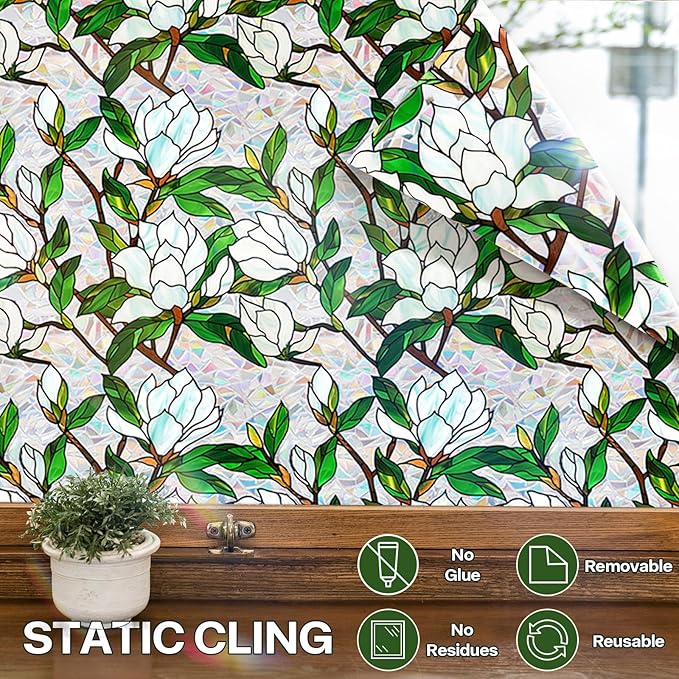 Stained Glass Window Film UV Resistant Window Privacy Film White Floral Privacy Rainbow Decals Living Room Bedroom Sun Blocking Decor Removable Static Cling Stickers 17 x 39.37 Inch