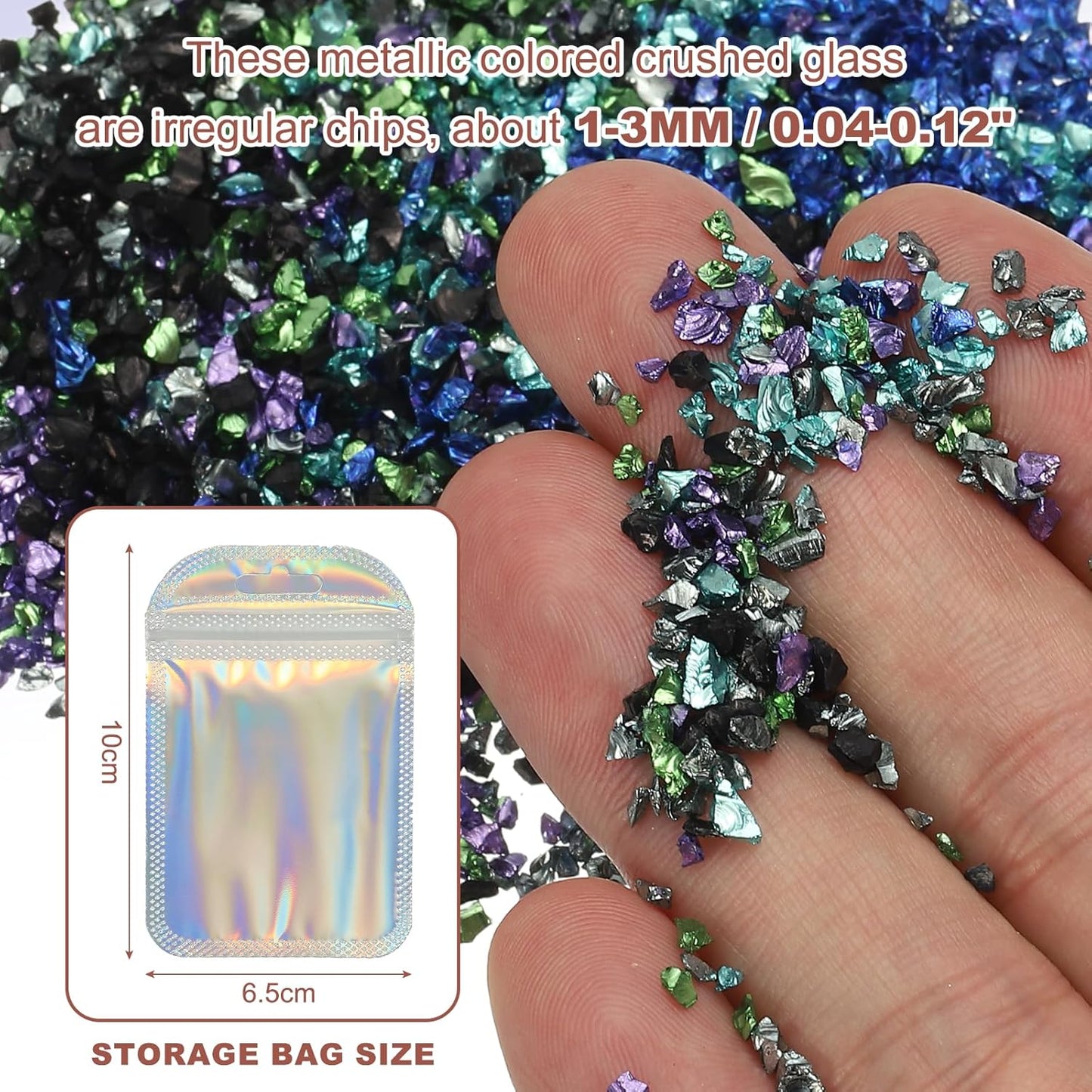 uxcell 6 Colors Crushed Glass Chips, 1-3mm Irregular Glitter Metallic Glass Broken Glasses Pieces with Laser Bag for Craft DIY Vase Epoxy Halloween Decoration 34g, Blue & Green Series