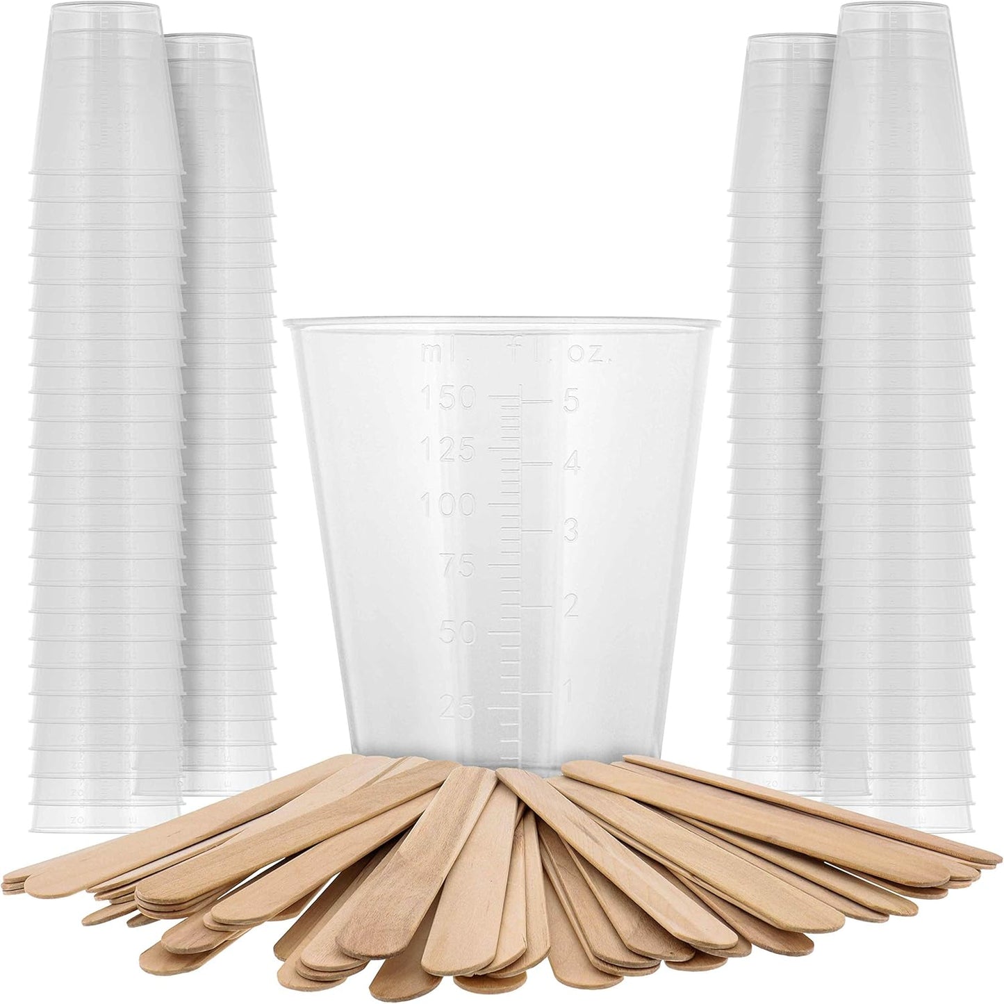 Pouring Masters 5 Oz (150 ml) Liquid Measuring Cups - Plastic Graduated Cup (100 Pack) with 25 Sticks - Reusable Mixing Cups for Paint, Craft, Kitchen, Lab, Medical Supplies, Epoxy Resin, Art