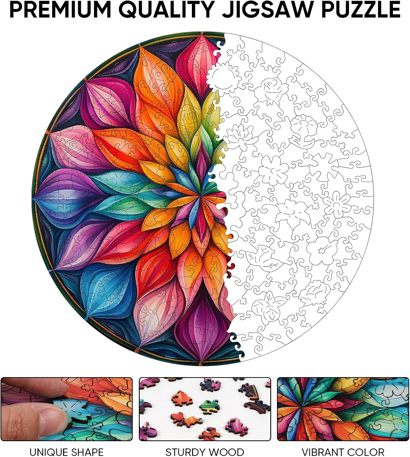 Wooden Puzzles for Adults 500 Pieces, Color Mandala Jigsaw Puzzles, Unique Design Color Challenge Adult Puzzles for Family Game Gift, Home Decor, 16.1x16.5 inch