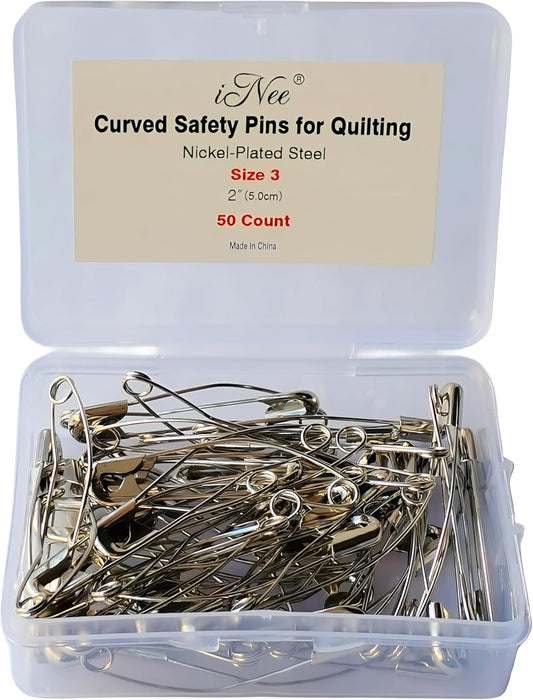 iNee Curved Safety Pins, Quilting Basting Pins, Nickel-Plated Steel, Size 3, 50 Count