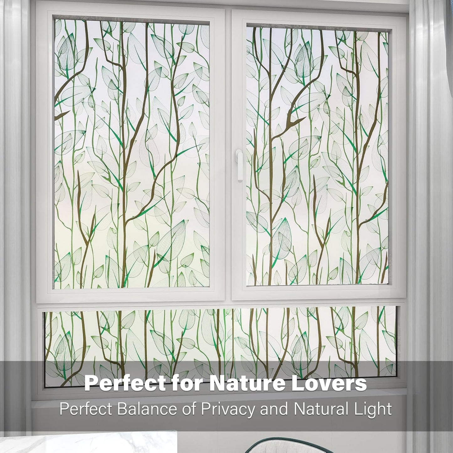 Donox Frosted Glass Window Film Heat Control UV Blocking, Static Cling Reusable Home Bathroom Door Window Privacy Film, Green Leaf Pattern Window Covering with Installation Tool, 23.6 in x 6.5 feet