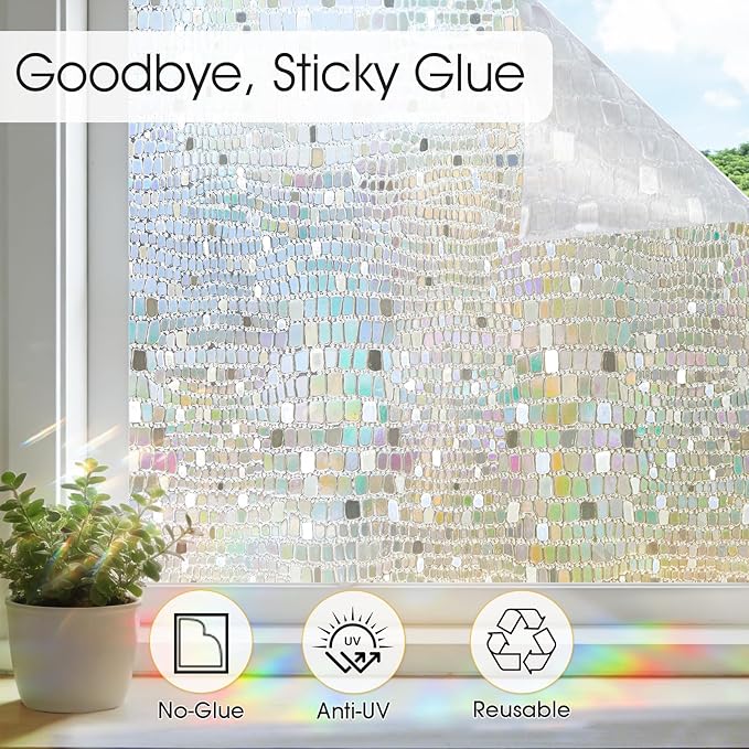 Windimiley Rainbow Window Privacy Film, 3D Stained Glass Christmas Decorative Window Clings, UV Heat Blocking Holographic Prism Stickers for Home (23.6 x 394In,Pure)