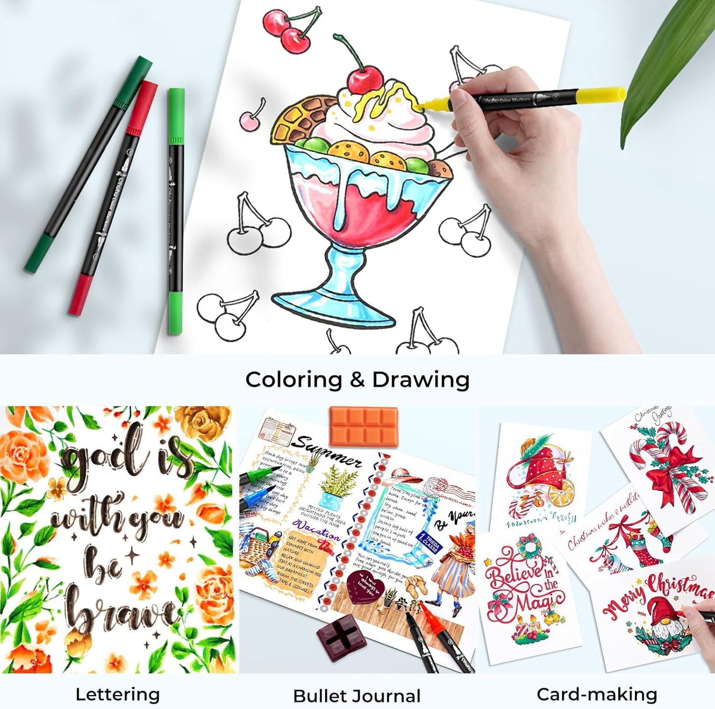 Ohuhu Markers for Adult Coloring Books No Bleeding 120 Colors Coloring Markers Water-based Dual Tips Fineliner & Brush Drawing Pens Art Pens for Kids Adults Sketch Journal - Maui - Black