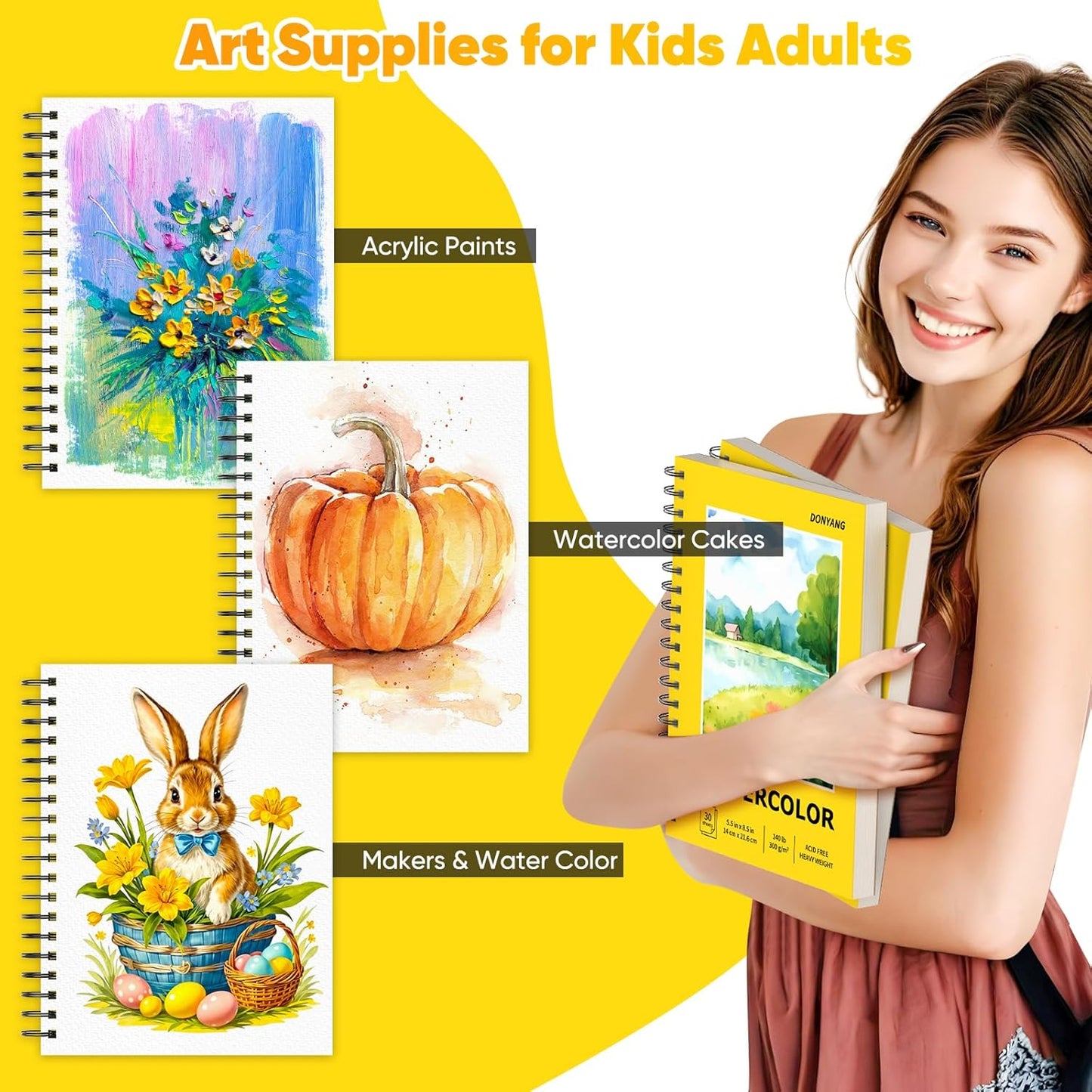 Watercolor Paper Pad, 5.5" x 8.5" Spiral Bound Art Sketch Book, Pack of 3 (90 Sheets),(140lb/300g) Artist Water Color Drawing Paper for Adults, Art Supplies for Teens, Mixed Media Markers Journal