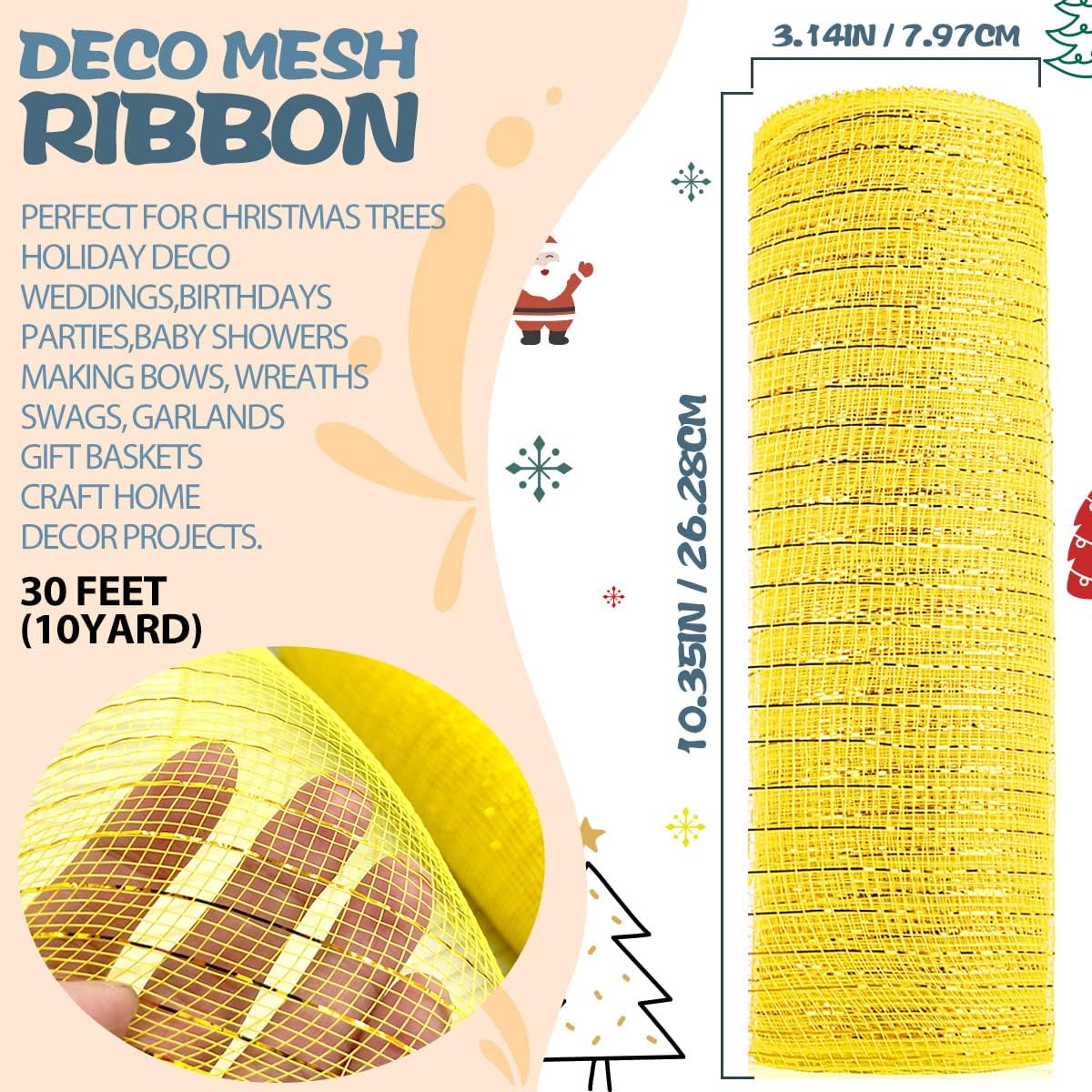 Anivia Deco Mesh Ribbon, 10inch x 30 Feet Each Roll Metallic Foil Mesh Ribbon for Wreaths Swags, Holloween, and Christmas Tree Decoration (Yellow/Yellow Foil)