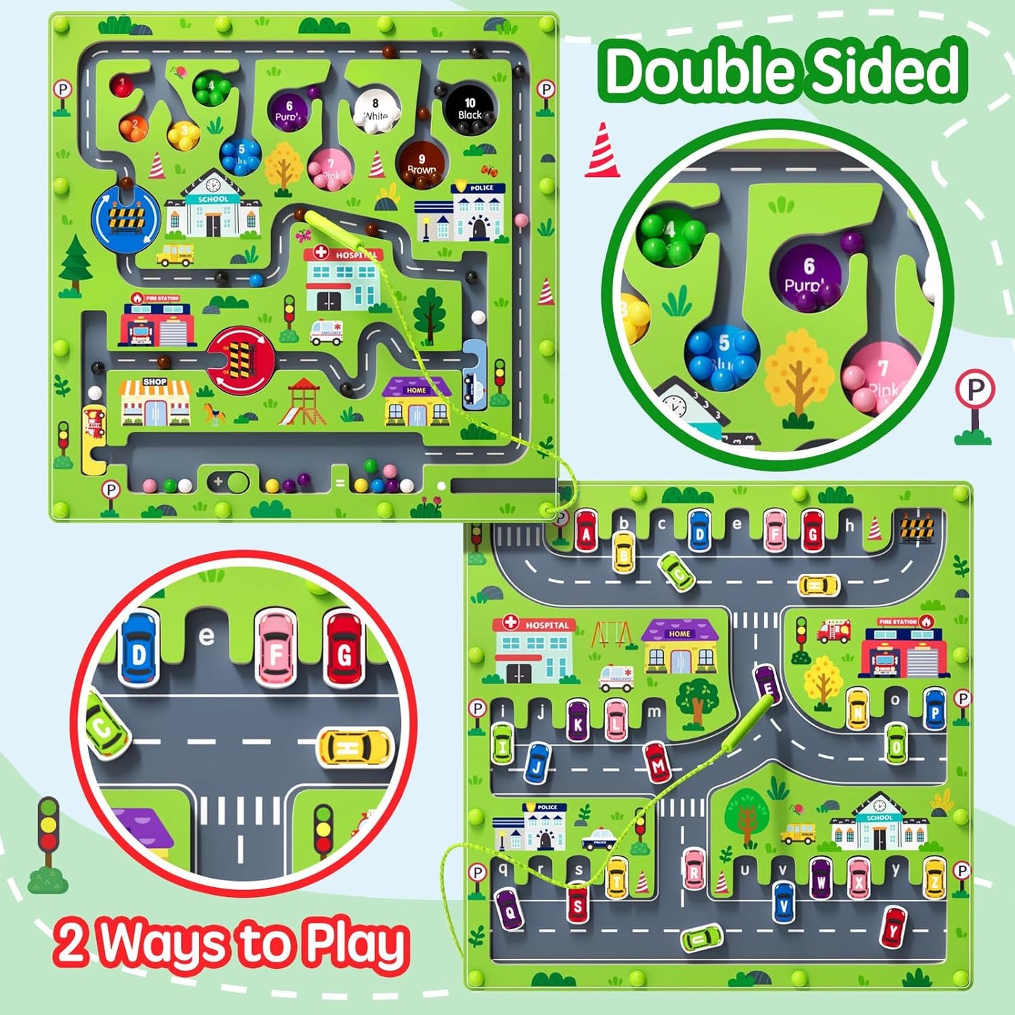 2 in 1 Magnetic Color and Number Maze Magnet Alphabet Counting Double Sided Board Wood Puzzle Fine Motor Skills Montessori Preschool Toys Gifts for Boys and Girls 3-5 Age (Big Car, One Size)