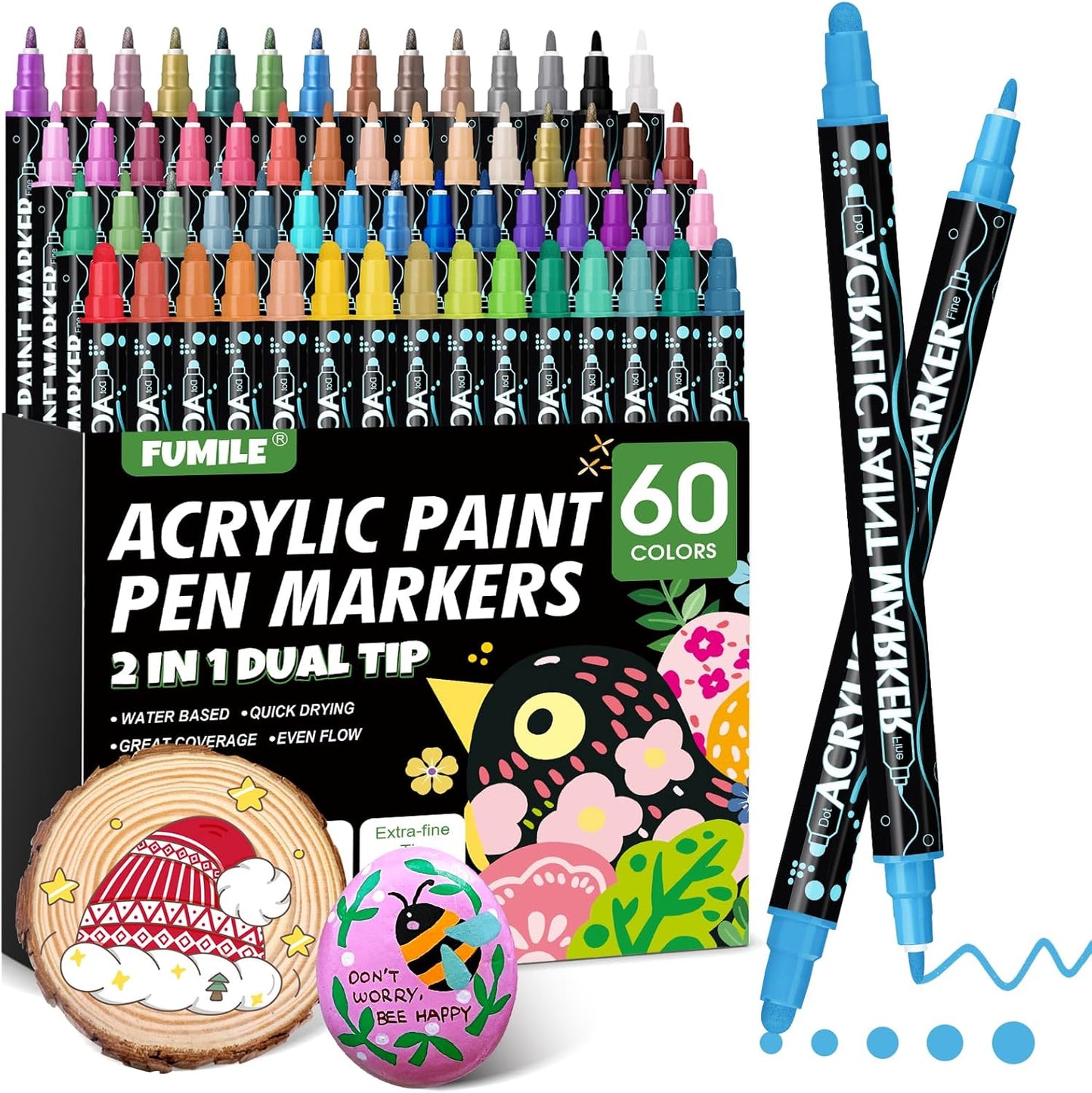 FUMILE 60 Colors Acrylic Paint Marker Dual Tip(Fine and Dot Tip), Paint Pens Acrylic Markers for Wood, Rock, Plastic, Glass, Ceramic, Canvas.Acrylic Markers Set for DIY Christmas Gifts and Art