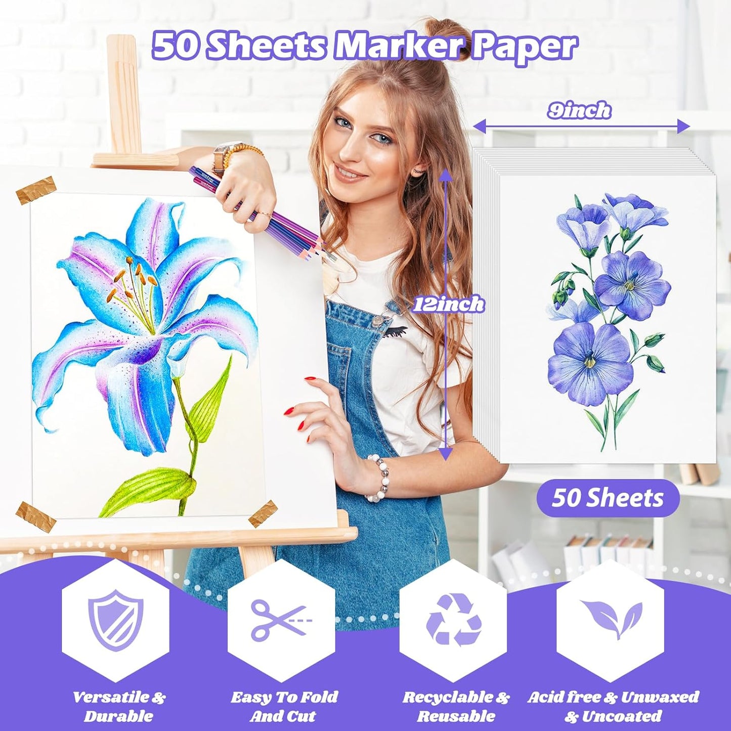 Marker Paper 9" x 12", 50 Sheets 73lb/120gsm Alcohol Marker Paper, Smooth Painting Coloring Loose Drawing Paper, Art Supplies for Kids Adults Teacher Marker Pad Sketchbook, Classroom Must Have