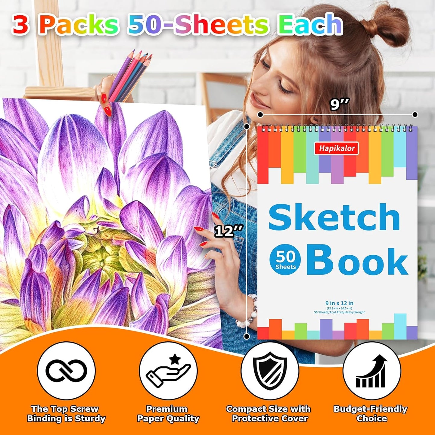3-Pack 50 Sheets 9" x 12" Sketch Book, Spiral Bound Art Sketchbook, Bulk School Supplies for Kids, Acid Free Artist Easel Drawing Paper Pad for Drawing Painting Writing Sketching