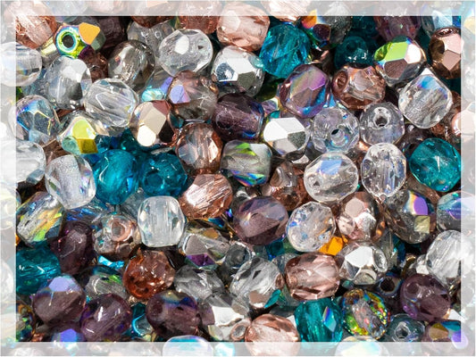 1.76oz Faceted Fire Polished Round Glass Beads 4mm (0.16in), Czech Republic Bohemian Glass Transparent Mix