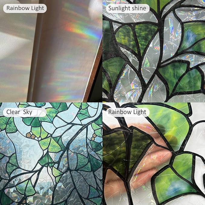 Rainbow Window Privacy Film Stained Glass Handmade Design for Bathroom, Ginkgo Leaves, 118.11'' x 16.92''