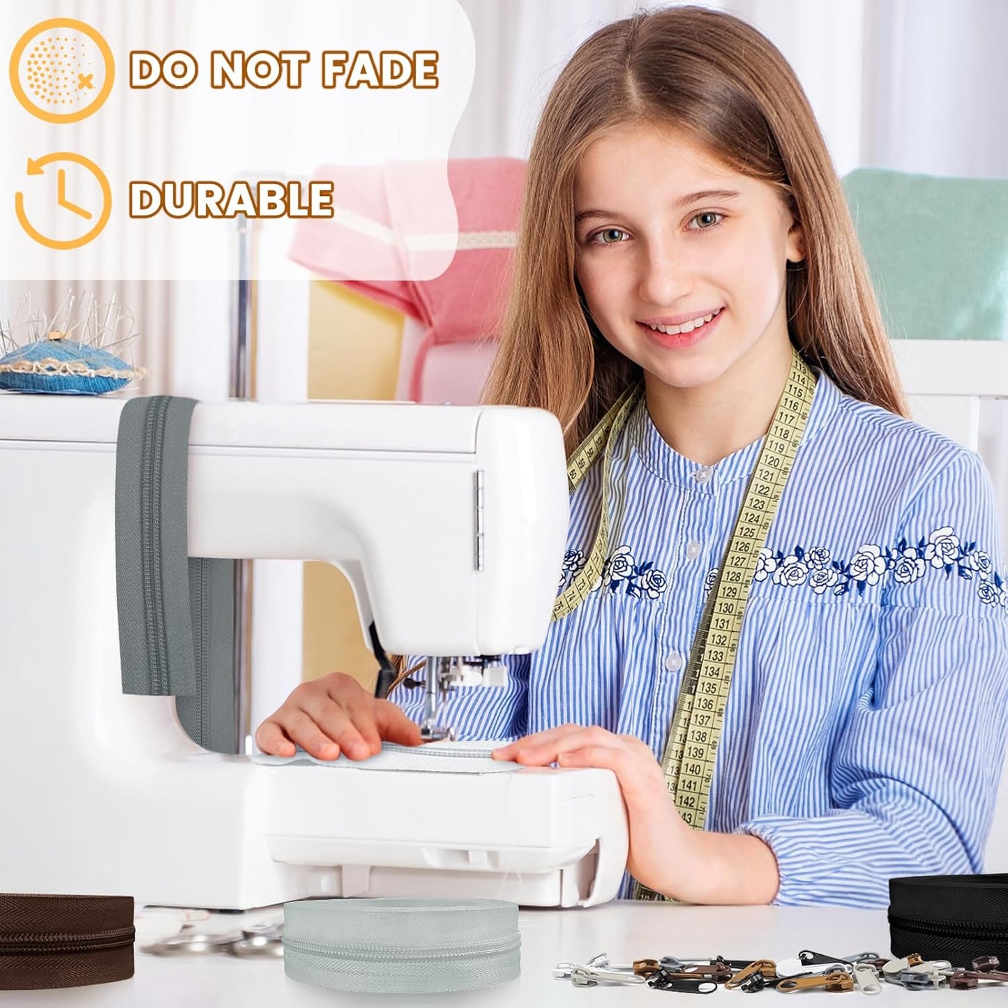 DOITEM 5# Zippers 12 m Nylon Endless Zip Set with Slider and Zip for Sewing and Crafts (6 Colors)