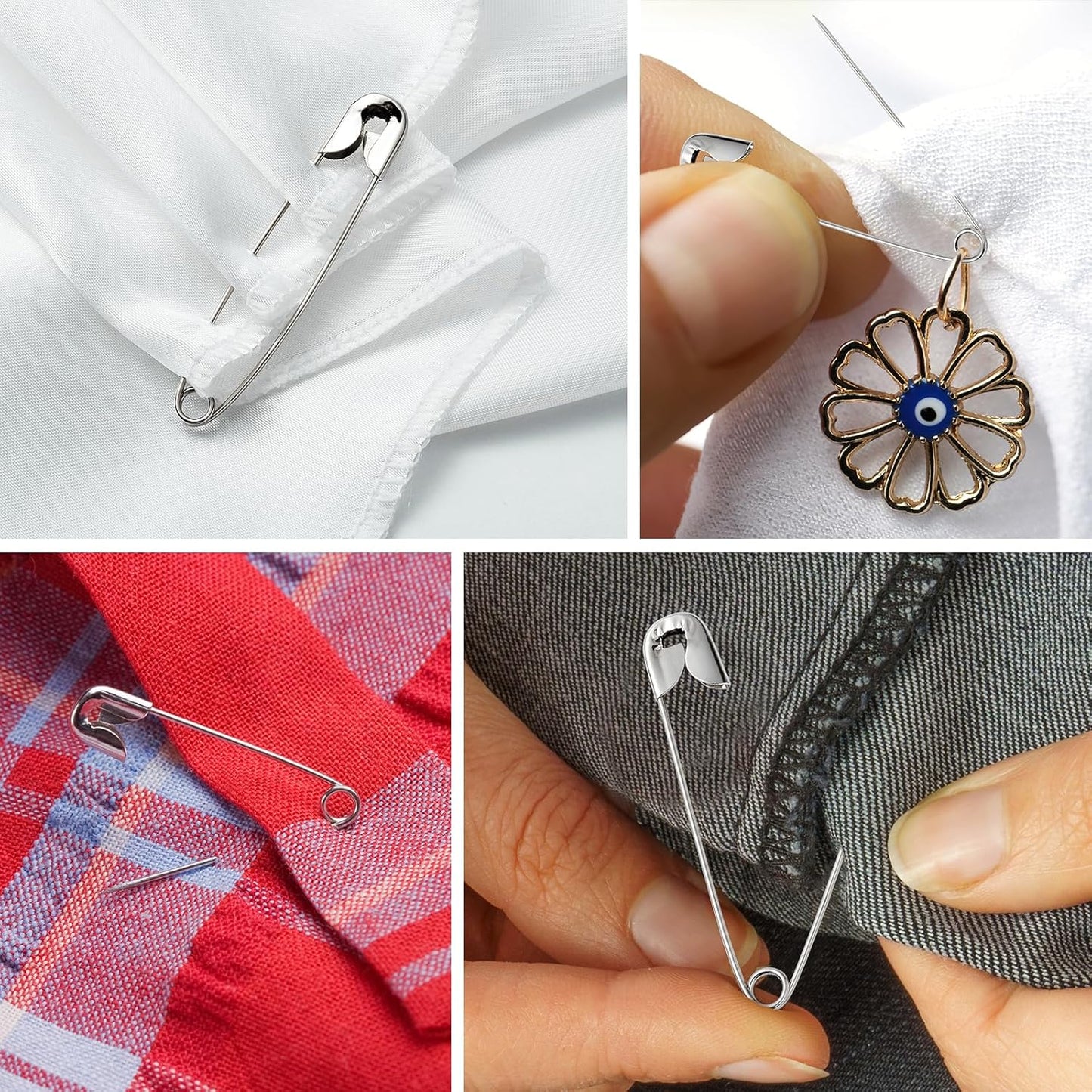 Silver Safety Pins 300 PCS, 5 Assorted Sizes of Durable, Small and Large Safety Pins Bulk, Sharp Edge Pins for Clothes, Sewing, Arts & Craft