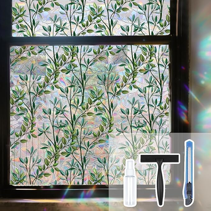Leaf Stained Glass Window Film Static Cling with Tools - 35.4 x 157.4 Inch Non-Adhesive Privacy Decorative Rainbow Film for Windows, Doors, Sidelights - Easy Install & Remove