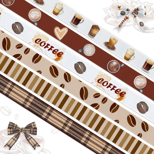 6 Rolls 18 Yards Fall Coffee Ribbons for Gift Wrapping DIY Crafts 3/8 Inches Brown Plaid Grosgrain Ribbons Coffee Beans Ribbon for Wreath Hair Bows Home Party Decoration