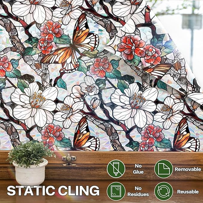 Stained Glass Window Film UV Resistant Window Privacy Film Butterfly Floral Privacy Rainbow Decals Living Room Bedroom Sun Blocking Decor Removable Static Cling Stickers 17 x 78.74 Inch