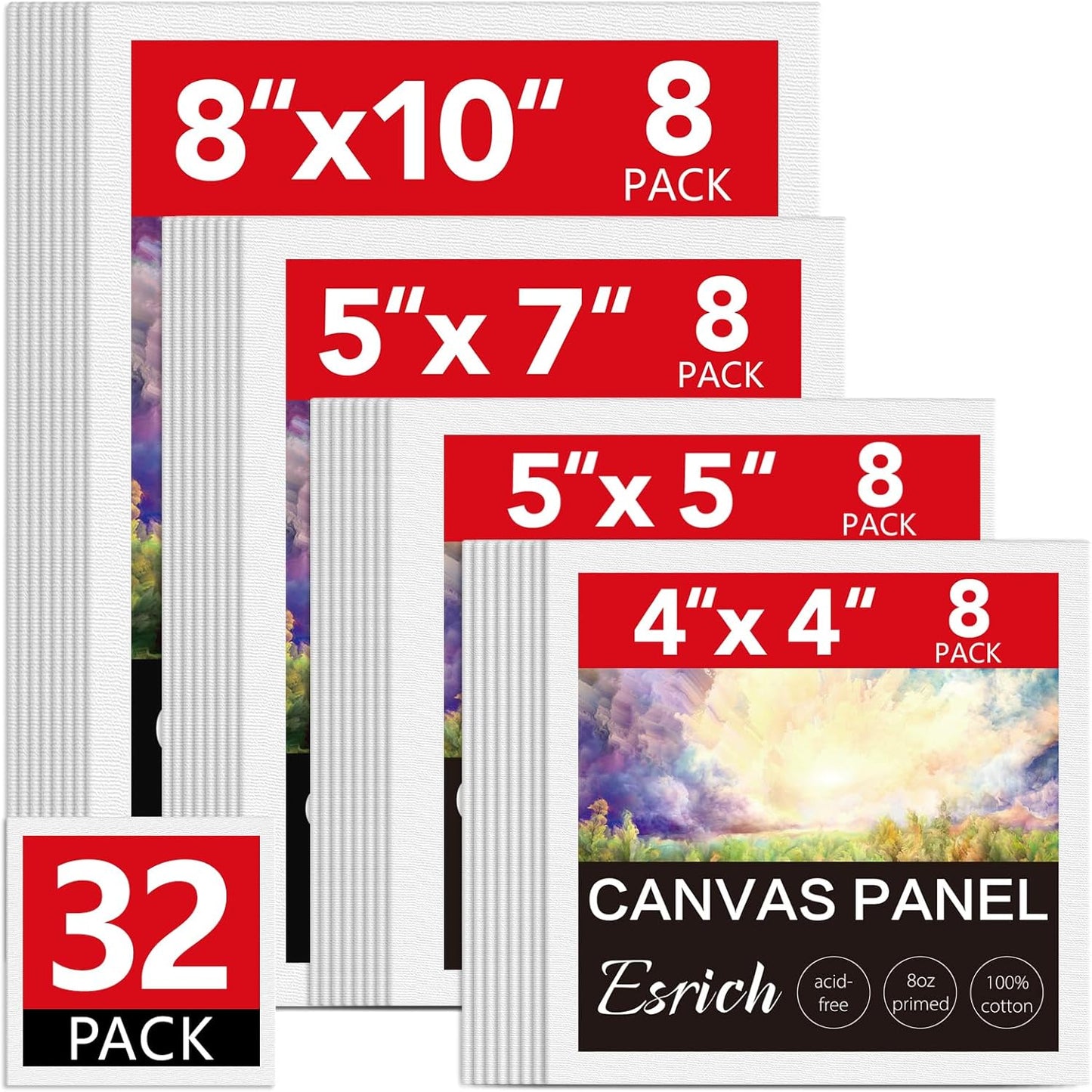 ESRICH Canvas for Painting, 32 Pack Multi-Size Canvas Boards for Painting 8pcs of Each 4x4, 5x5, 5x7, 8x10 Blank Canvases-Cotton Primed Painting Canvas Panels for Adult & Kids for Acrylic Oil Paint