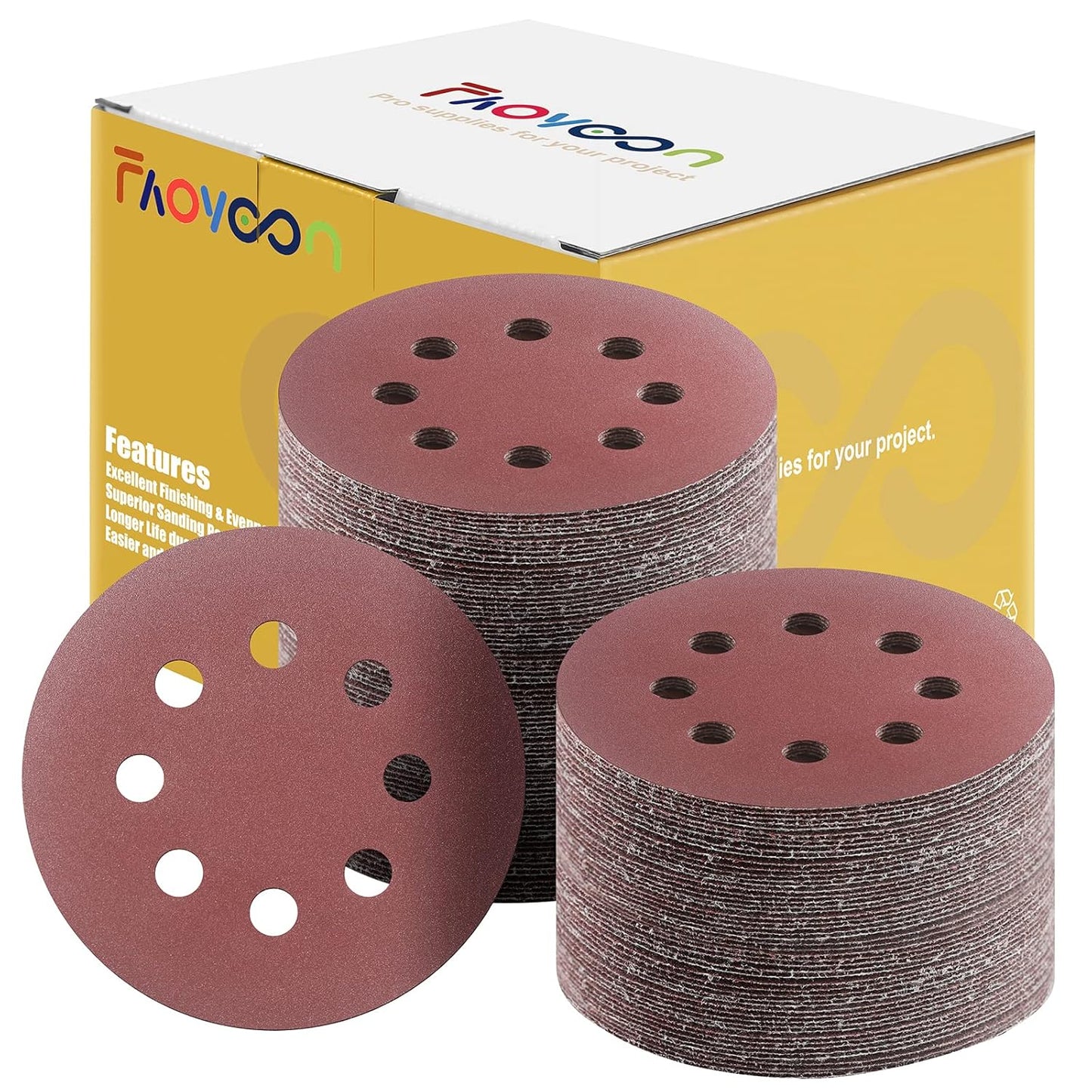 320 Grit Sandpaper, Sanding Disc 5 Inch 8 Hole Hook and Loop, 100 Pcs