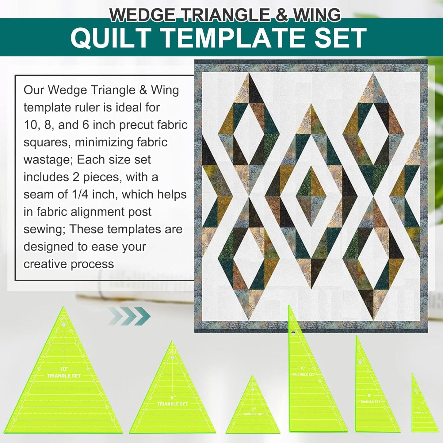Kigley 3 Set Tall Triangle Rulers for Quilting 6 8 10 Inch Wedge Triangle & Wing Quilting Rulers and Templates Acrylic Quilt Templates for Sewing Layer Cake Patchwork Cutting Pattern DIY Craft (Green)