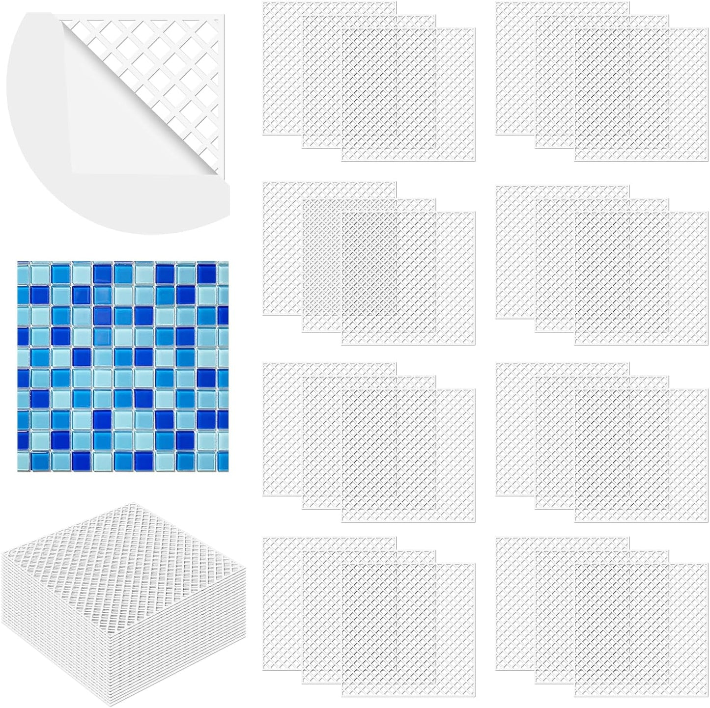 24 Pcs Mosaic Grid Tile Mesh with Adhesive Backing, 12x12 Inch Alkaline Resistant Fiberglass Sheets for DIY Installation, Crafts, Bathroom, Kitchen