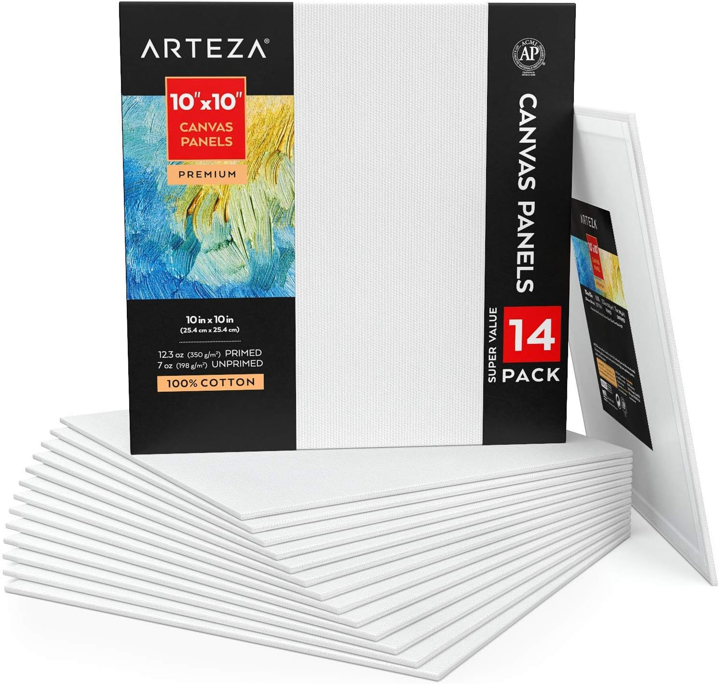 ARTEZA Canvases for Painting, Pack of 14, 10 x 10 Inches, Square Blank Art Canvas Boards, 100% Cotton, 12.3 oz Gesso-Primed, Art Supplies for Adults and Teens, Acrylic Pouring and Oil Painting