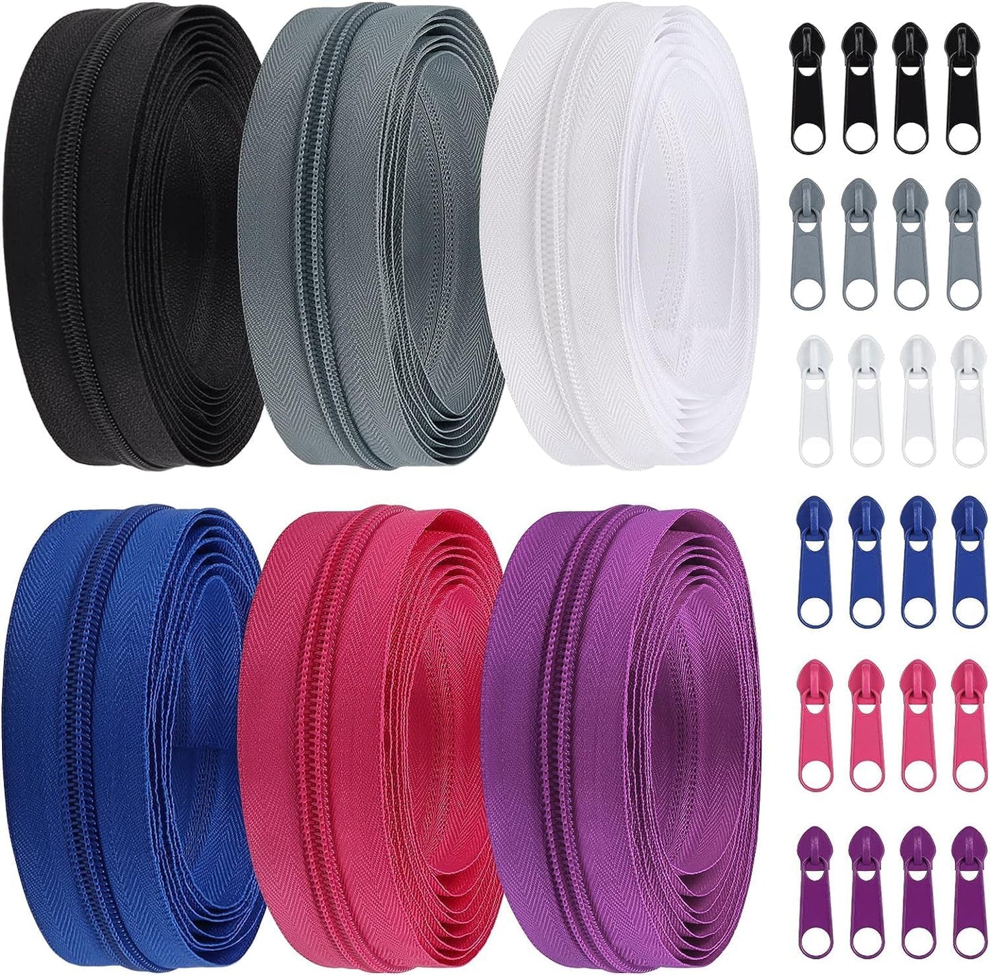 DOITEM 13 Yards 6 Pieces #5 Zippers Assorted Nylon Zipper Nylon Coil Zippers Colorful Sewing Zipper 24 Plastic Sliders for Sewing Supplies