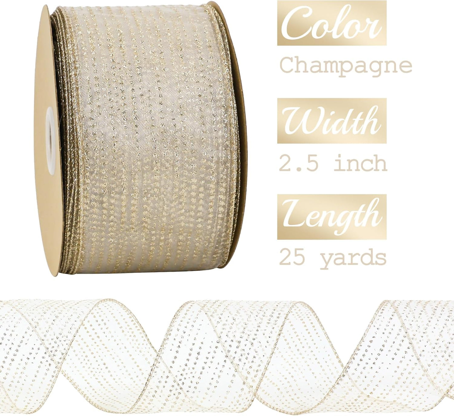 MEEDEE Champagne Gold Wired Ribbon - 2.5 Inch Horizontal Stripes Polka Dot Christmas Ribbon Organza Sheer Glitter - 25 Yards for Christmas Tree, Wreath Bow