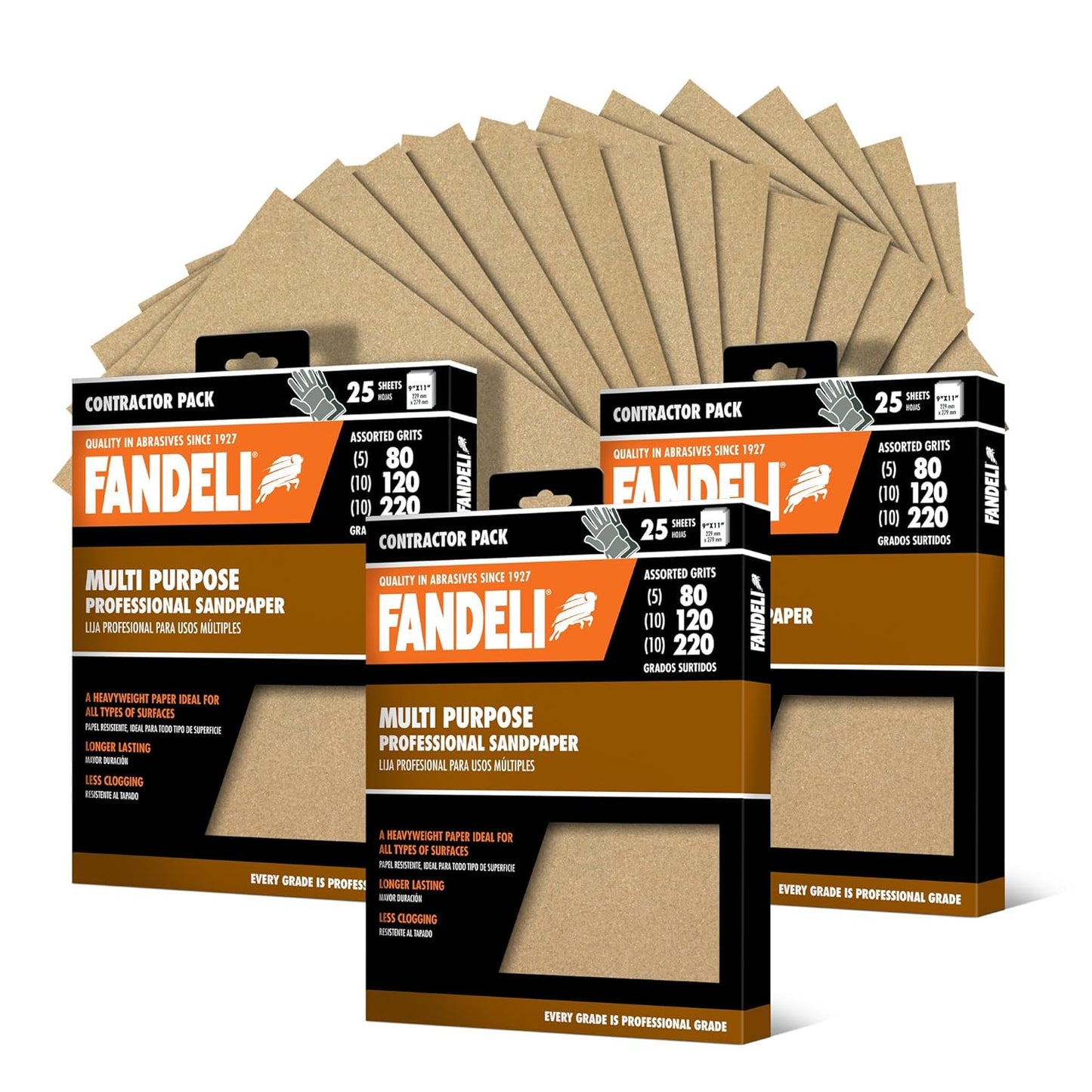 Fandeli | Multi-Purpose Sanding Paper | Assorted Grits (80,120,220) | 75 Sheets of 9'' x 11'' | Perfect for Sanding Metal and Sanding Wood | Hand Sanding | Orbital Sanders..